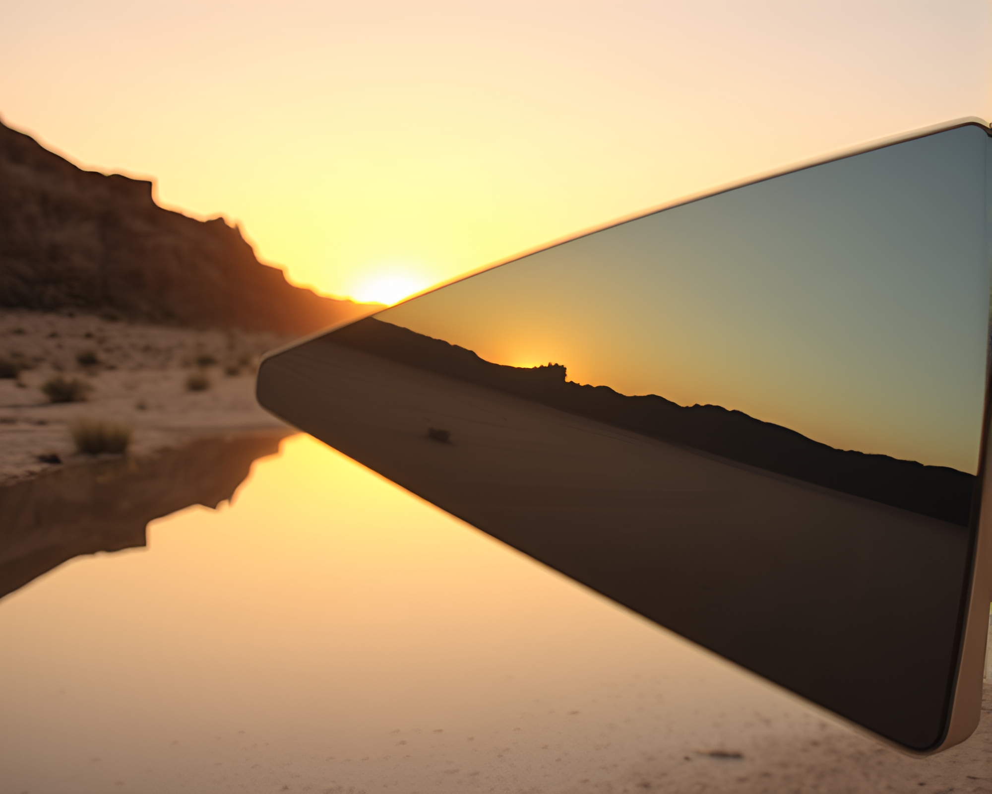 Desert Mirage Mirror Shard Reflecting Golden Hour Glow – free AI stock image