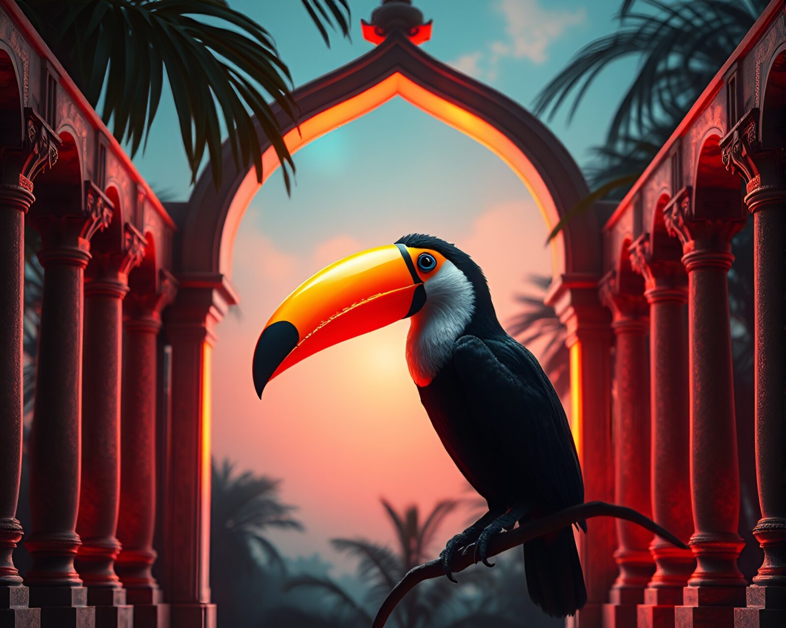 Surrealist toucan glowing in architectural frame under phosphorescent light