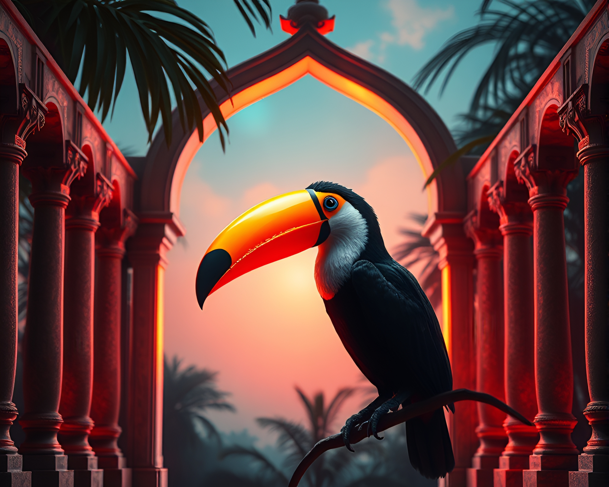 Surreal Toucan Illuminated by Phosphorescent Architecture – free AI stock image