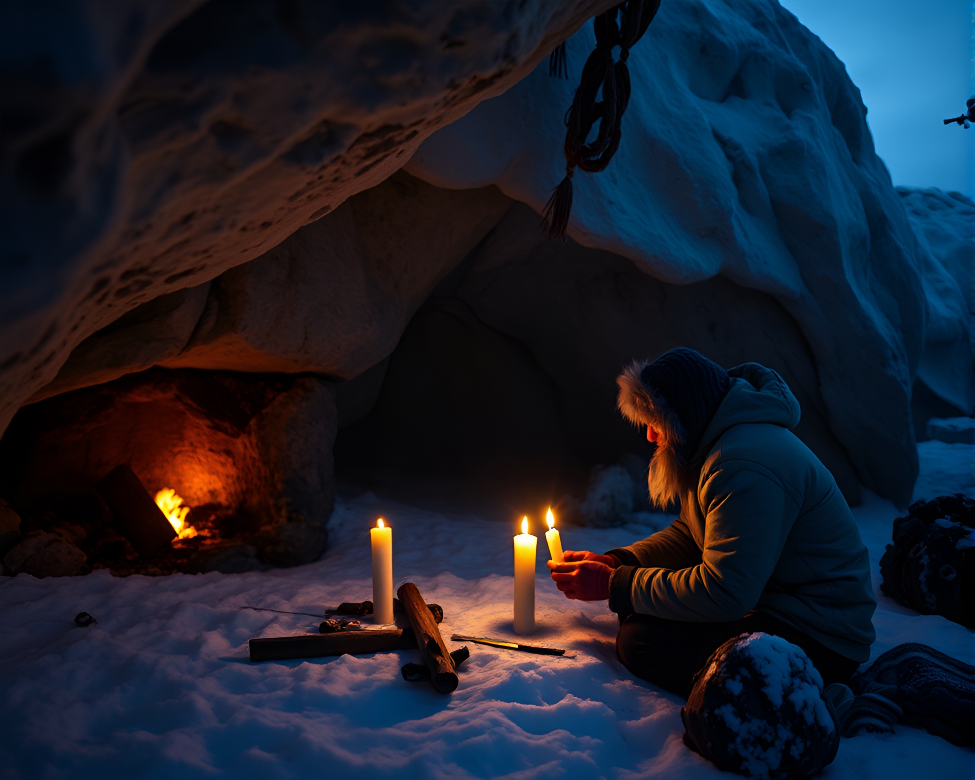 Enigmatic Antarctic Cave Scene Illuminated by Candlelight – free AI stock image