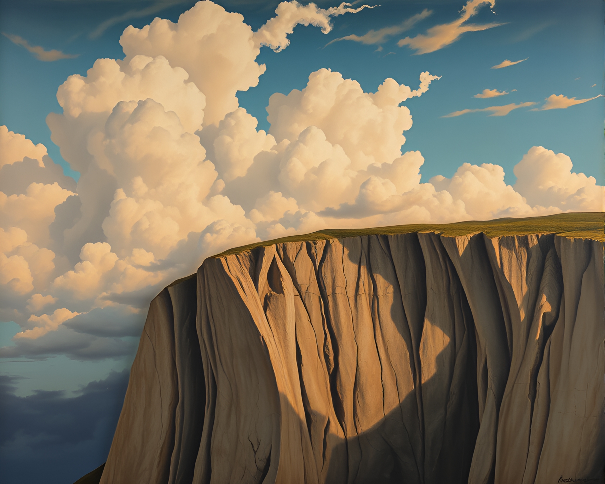 Chrono Cloudscape: Shadowed Cliffside in Fresco Painting – free AI stock image