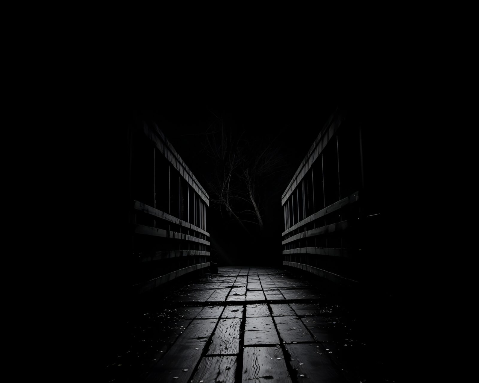 Dark algorithmic art of a wooden bridge with mildew
