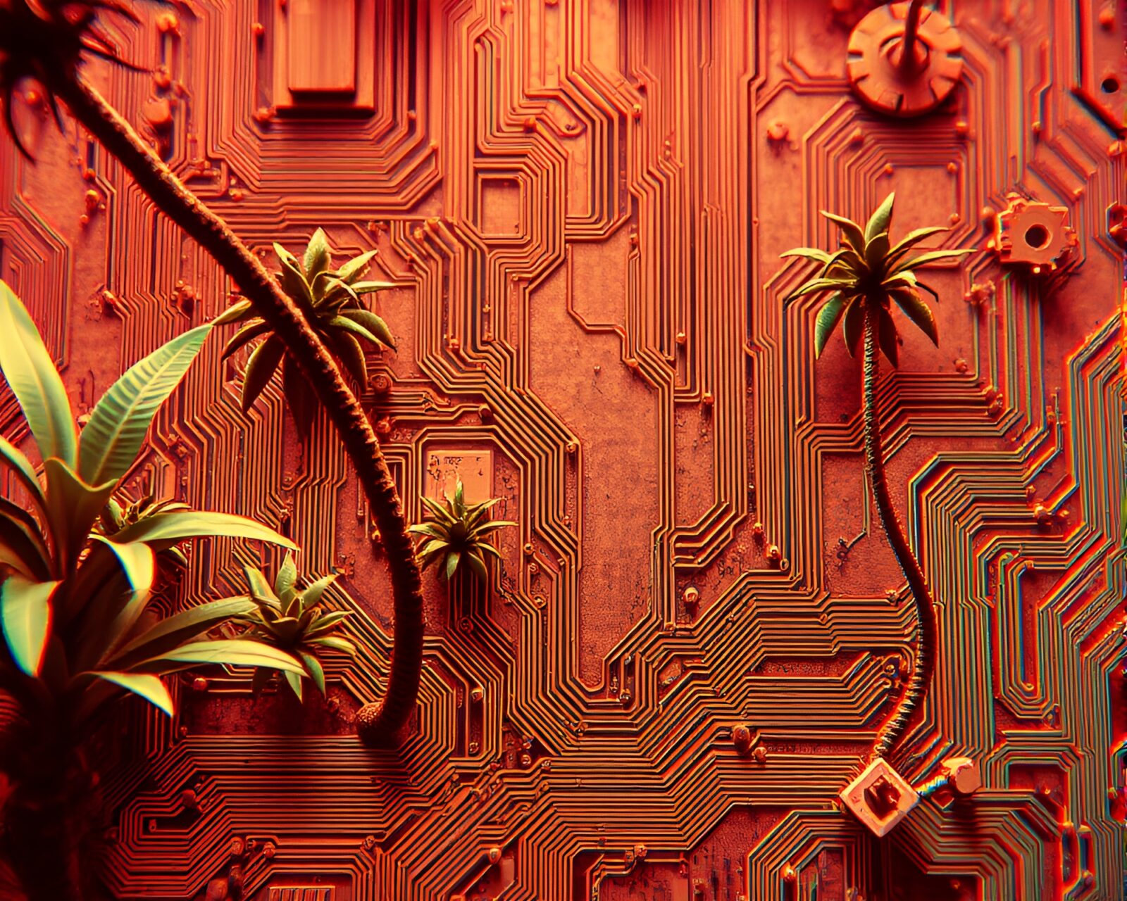 Anaglyph 3D image of intricate circuit board on vibrant foliage