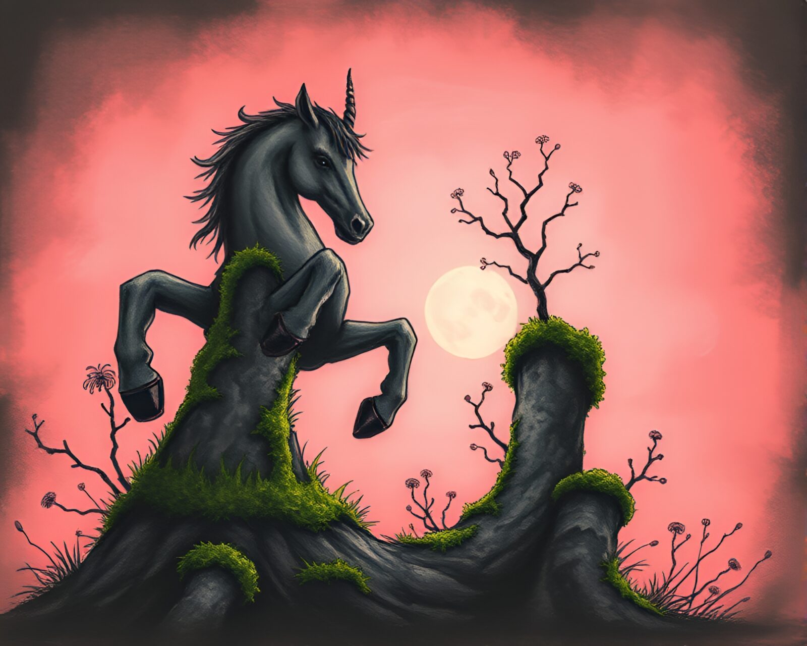 Charcoal sketch of mythical creature among moss at dawn