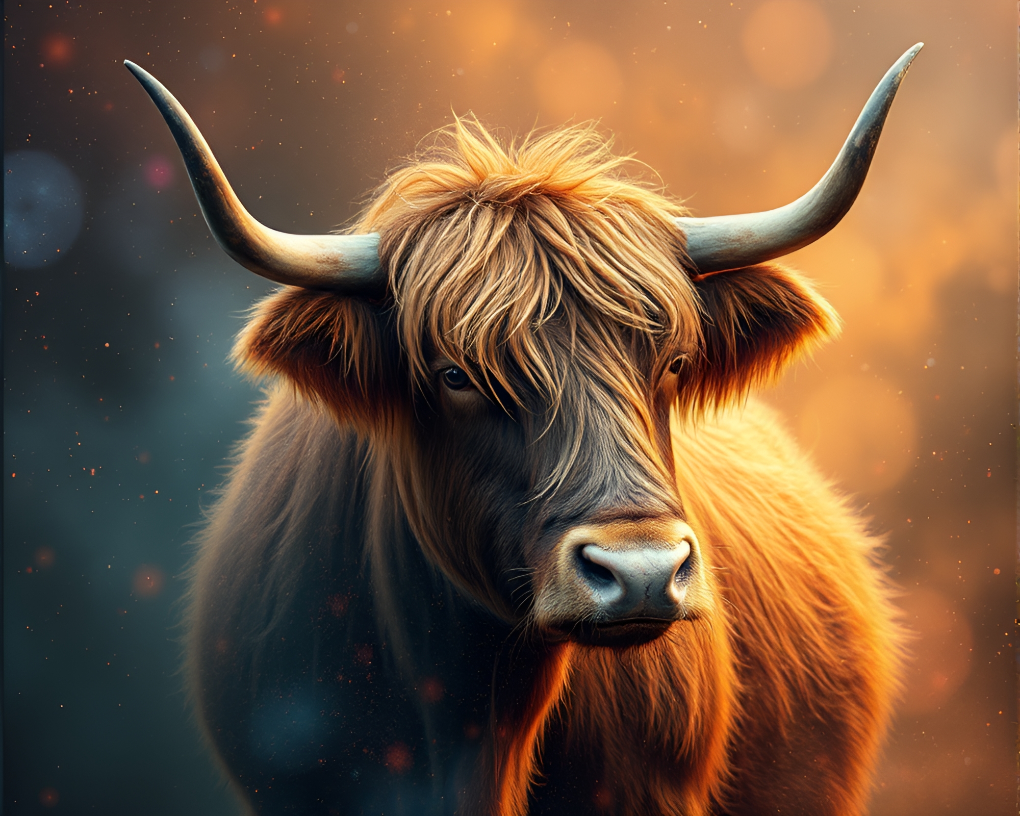 Highland Cow in Cosmic Dust Clouds – free AI stock image