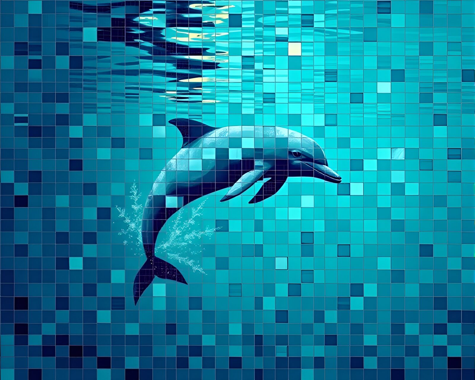 Detailed digital painting of calm turquoise Amazon river dolphin mosaic