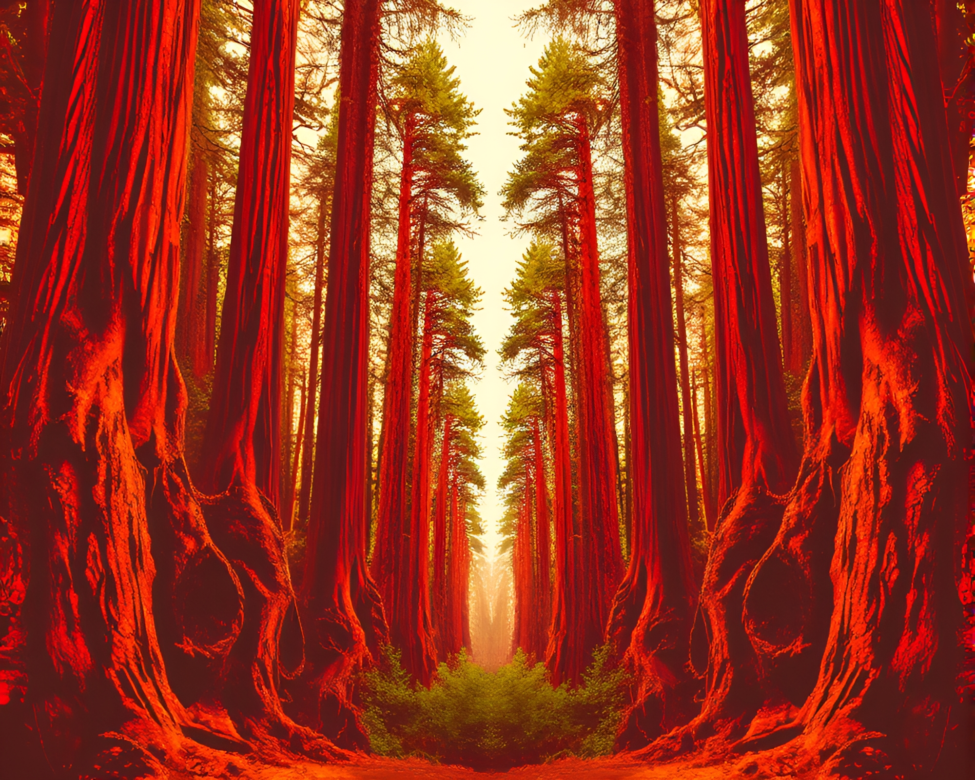Symmetrical Redwood Stencil Art in Rust Canyon Light – free AI stock image