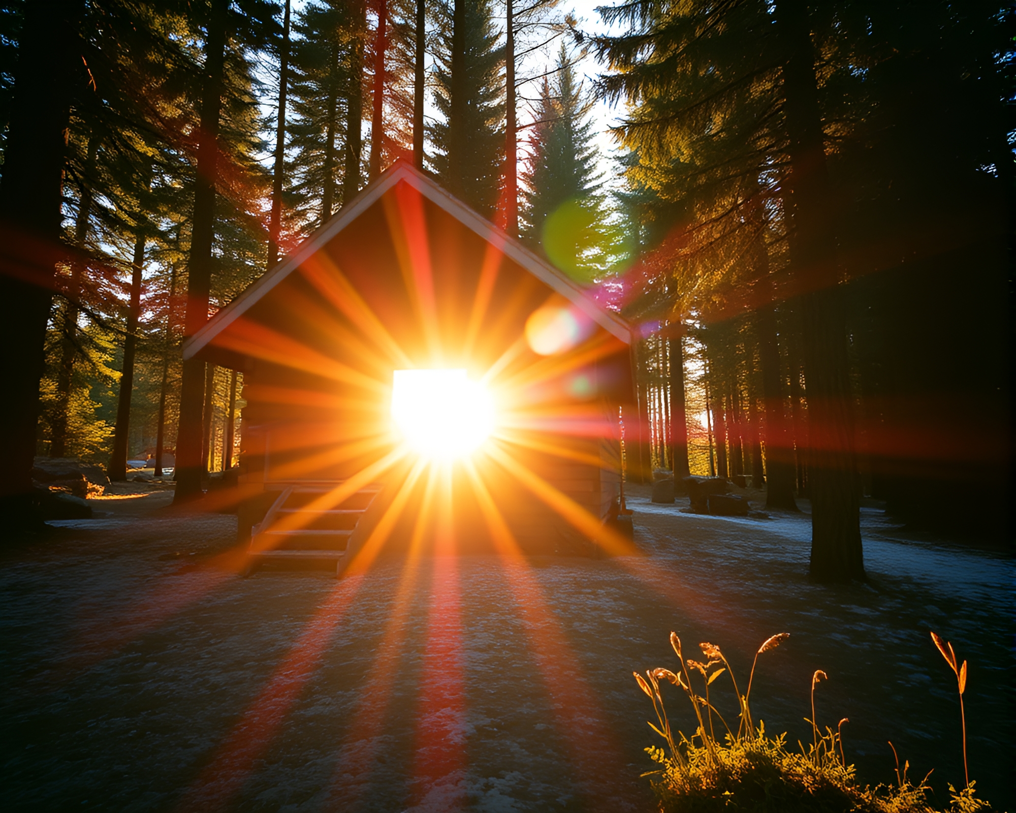 Rustic Cabin Bathed in Afternoon Lens Flare – free AI stock image