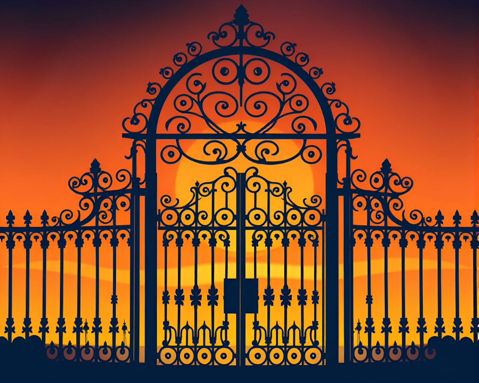 Vibrant sunset casting orange hues on detailed gate design