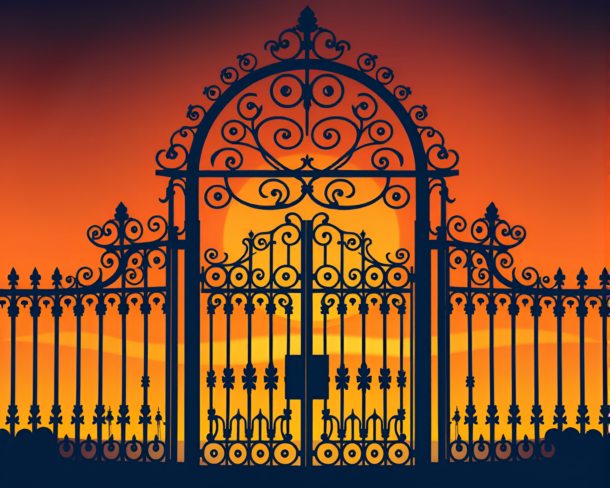 Maximalist Wrought Iron Gate at Sunset – free AI stock image