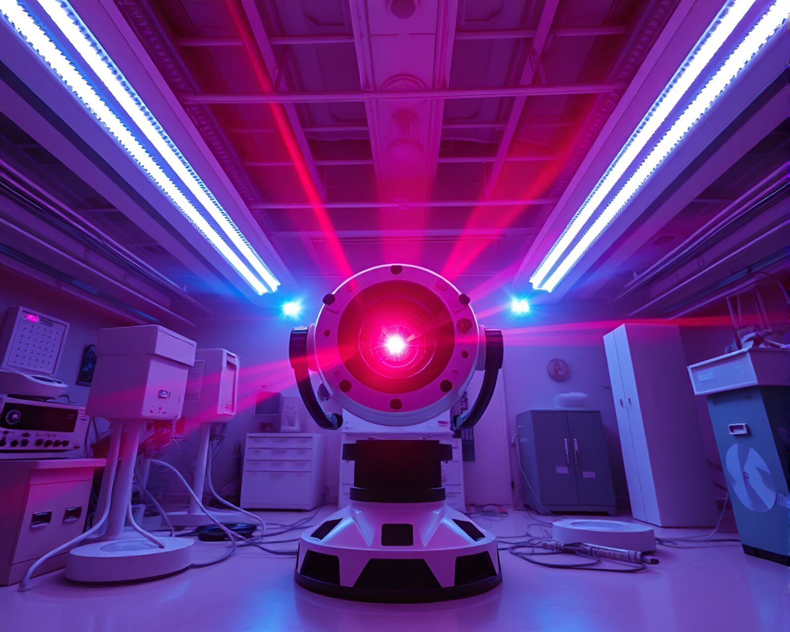 Infrared photo of high-tech lab with robotic arms glowing