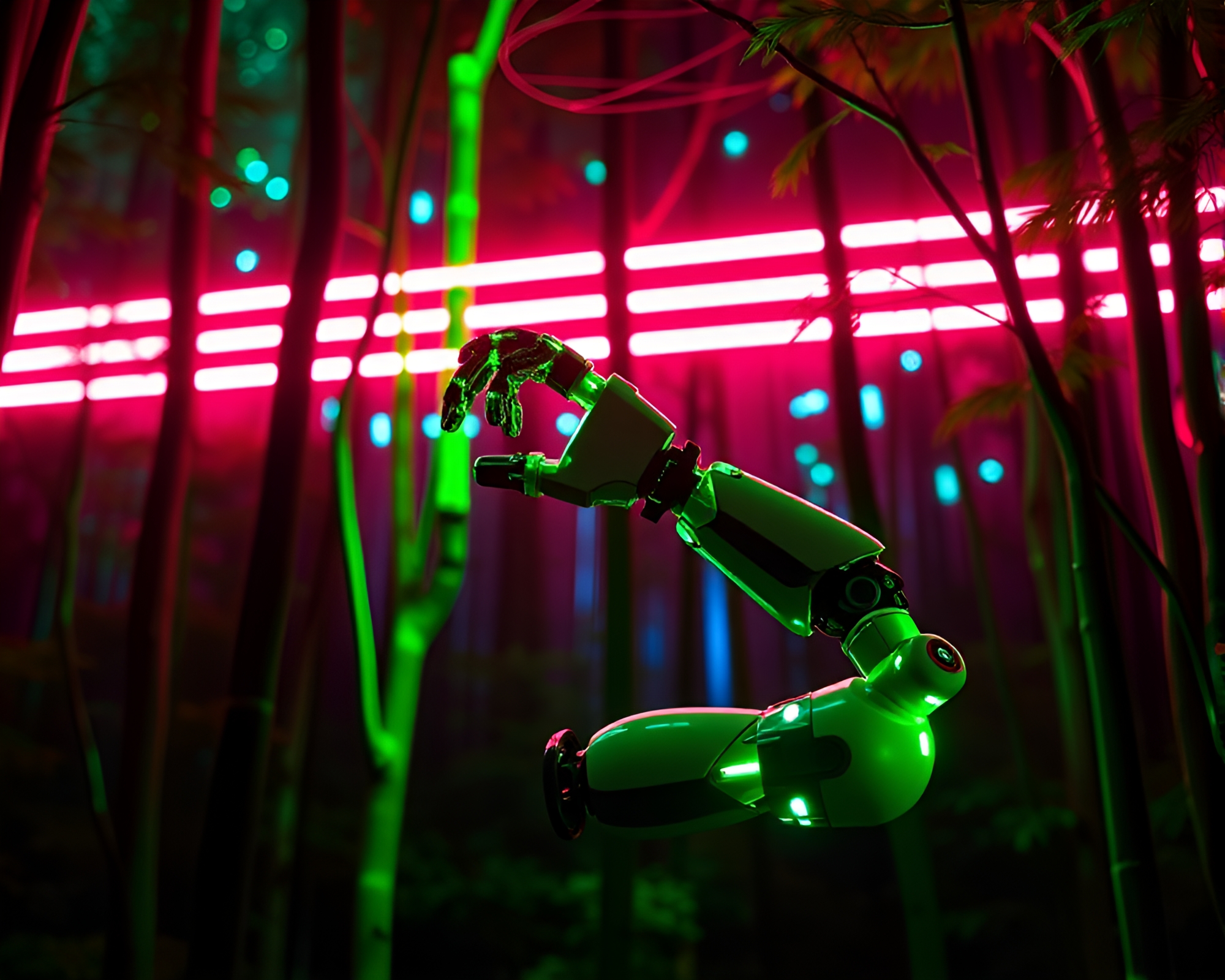 Enchanted Forest Robotic Arm under Neon Tubing Light – free AI stock image