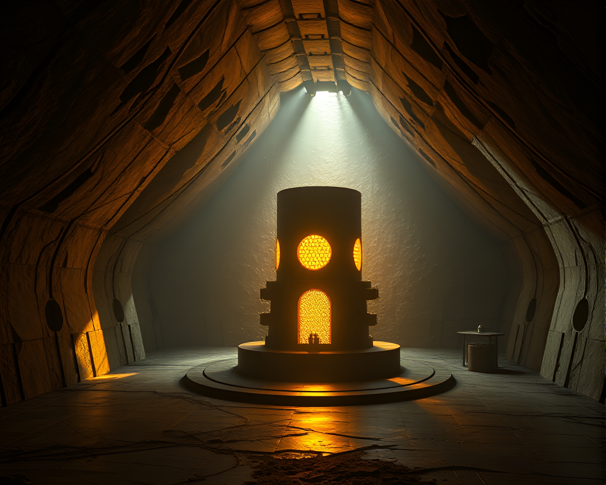Gilded Zero-Point Energy Reactor in Bio-Organic Attic – free AI stock image