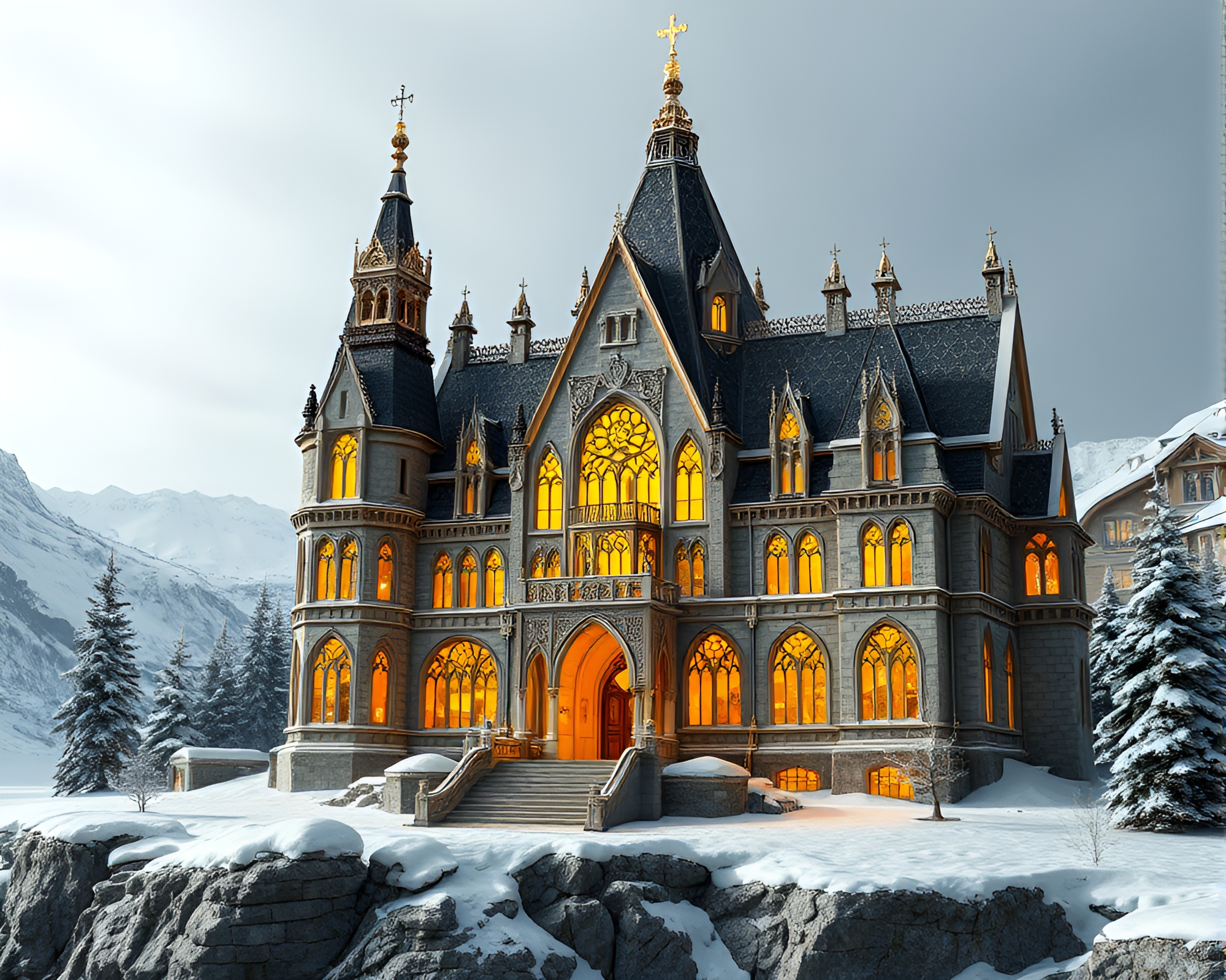 Neo-Gothic Mansion in Antarctic Whiteout with Gold Foil Origami Highlights – free AI stock image