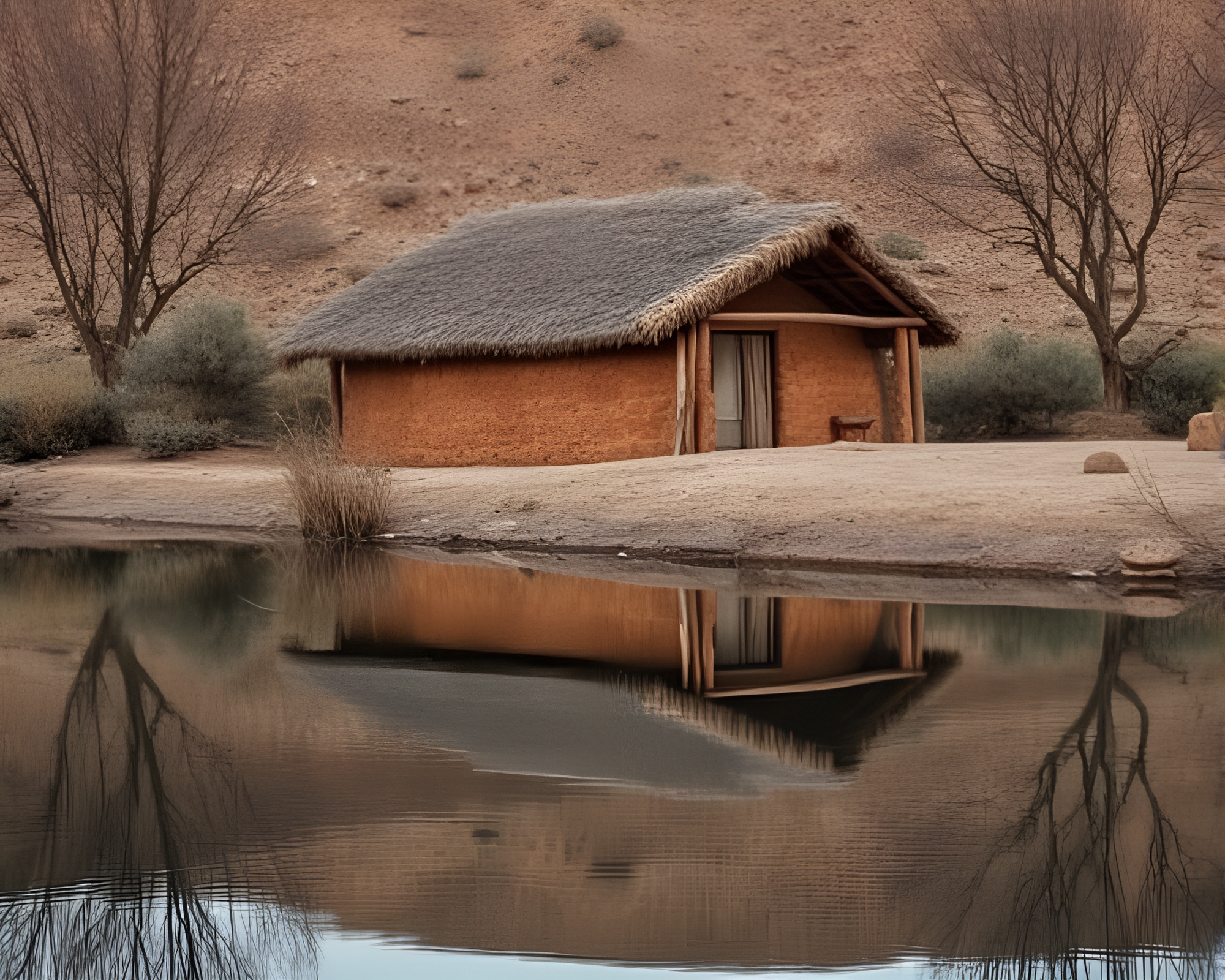 Serene Reflections: Mud Hut Elegance – free AI stock image