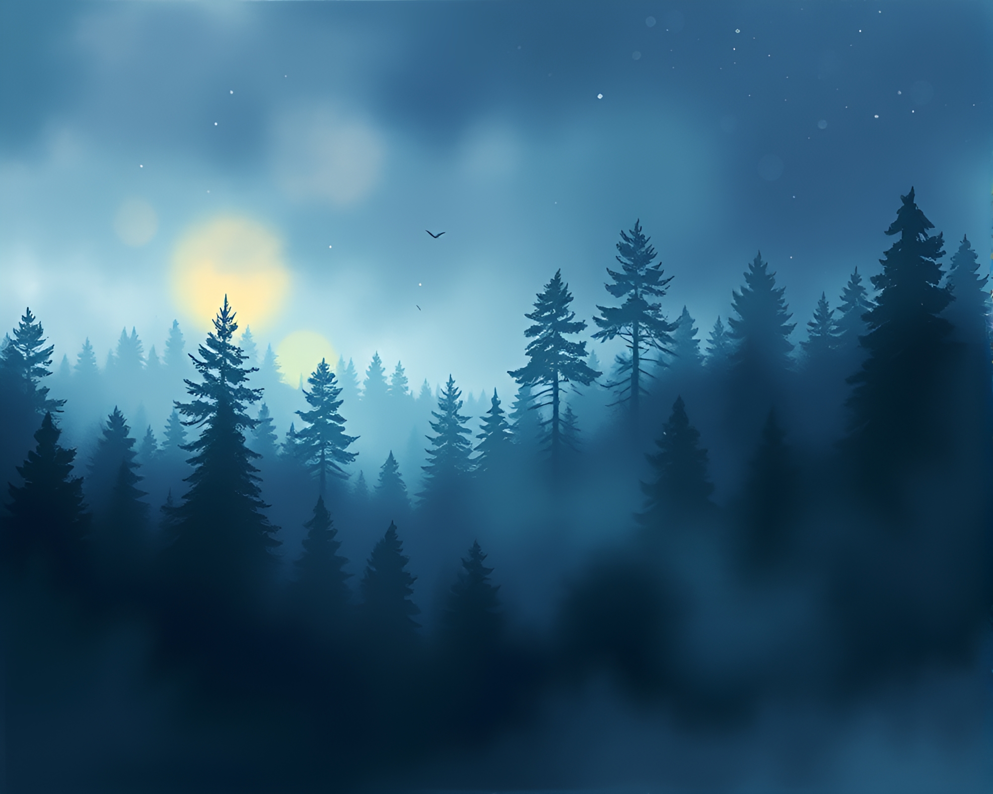 Twilight Forest Feather Dusting Tempera Painting – free AI stock image