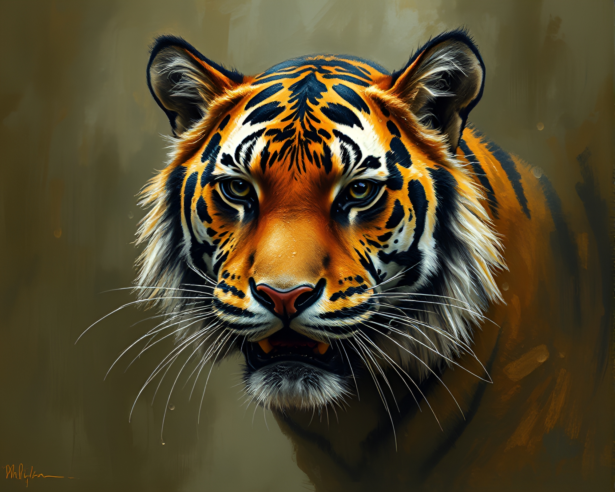 Enigmatic Tiger in Olive Drab Expressive Dew Drops – free AI stock image