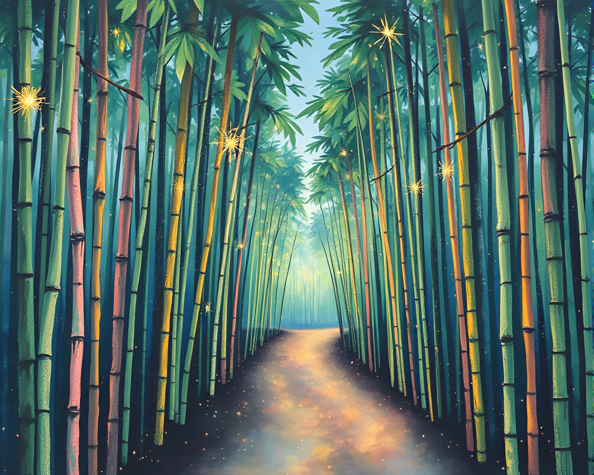Bamboo Grove Sparkler Trails Illuminated Pastel Graffiti Scene – free AI stock image