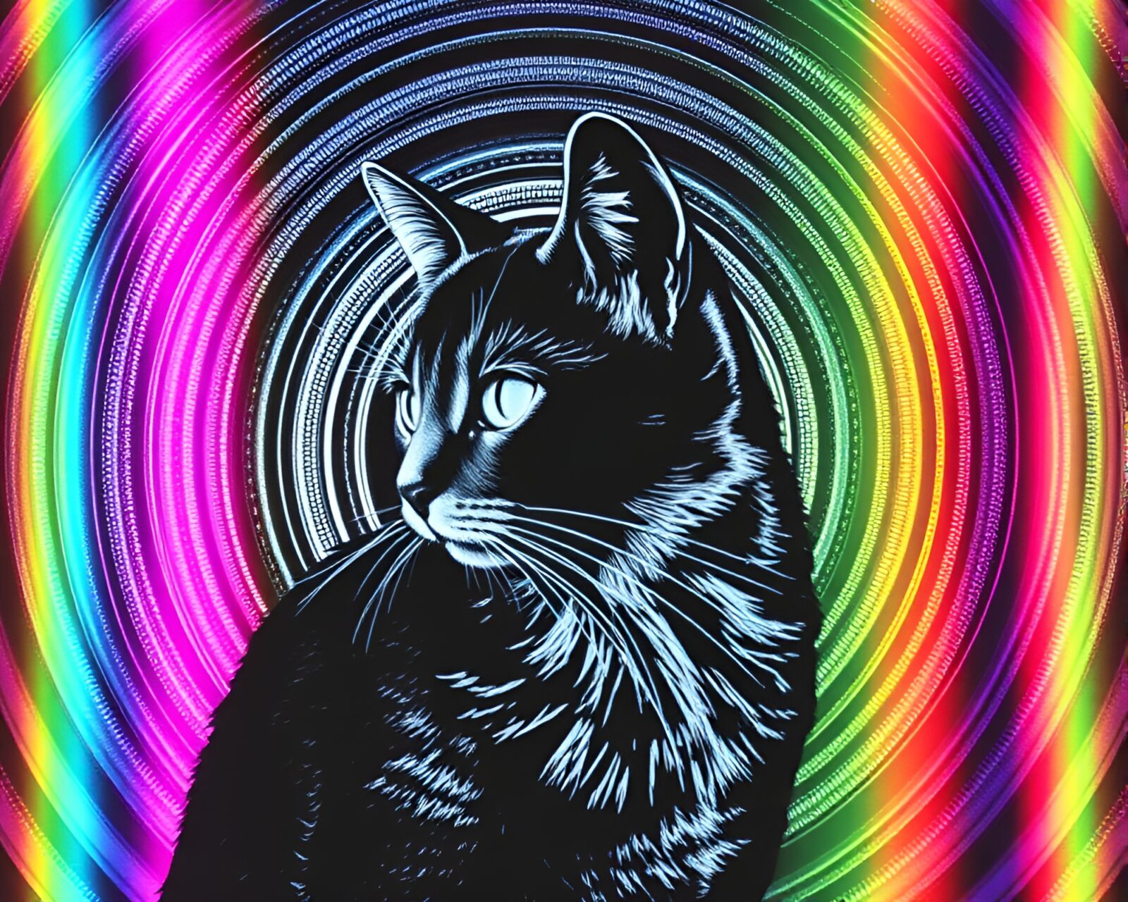 Abstract blueprint style artwork of a cat inside concentric circles with iridescent highlights
