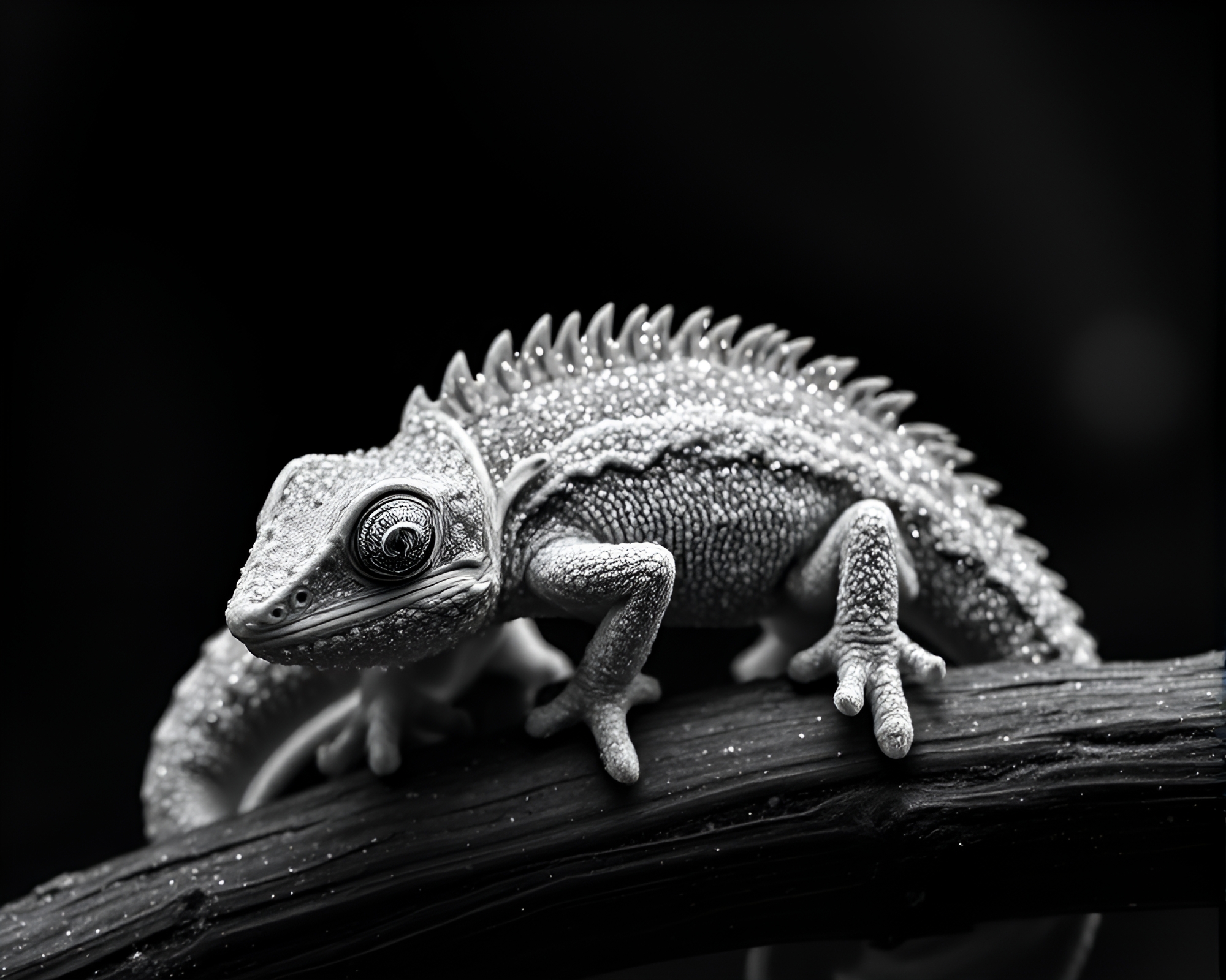 Intricate Chameleon Hatching in Monochrome Glitter Dust – free AI stock image