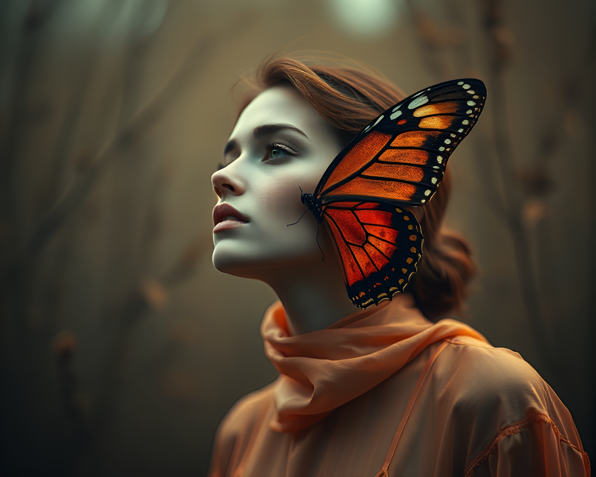Silk Butterfly in Dystopian Copper Labyrinth – free AI stock image