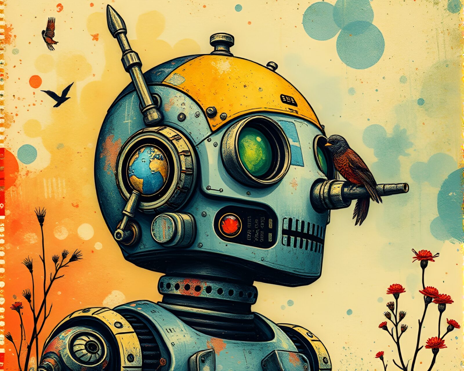 Vibrant linocut texture creation of fantastical steampunk robot