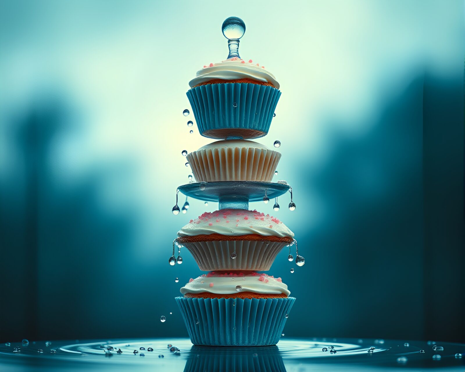 Retro-futuristic tower of cupcakes glistening with water droplets