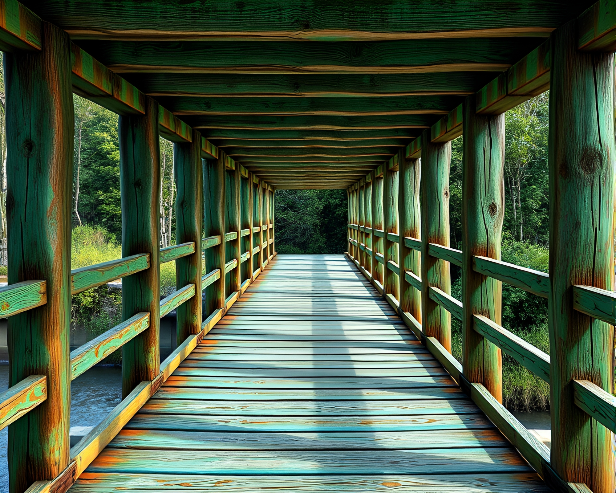 Copper Verdigris Bridge Bathed in Ambient Light – free AI stock image