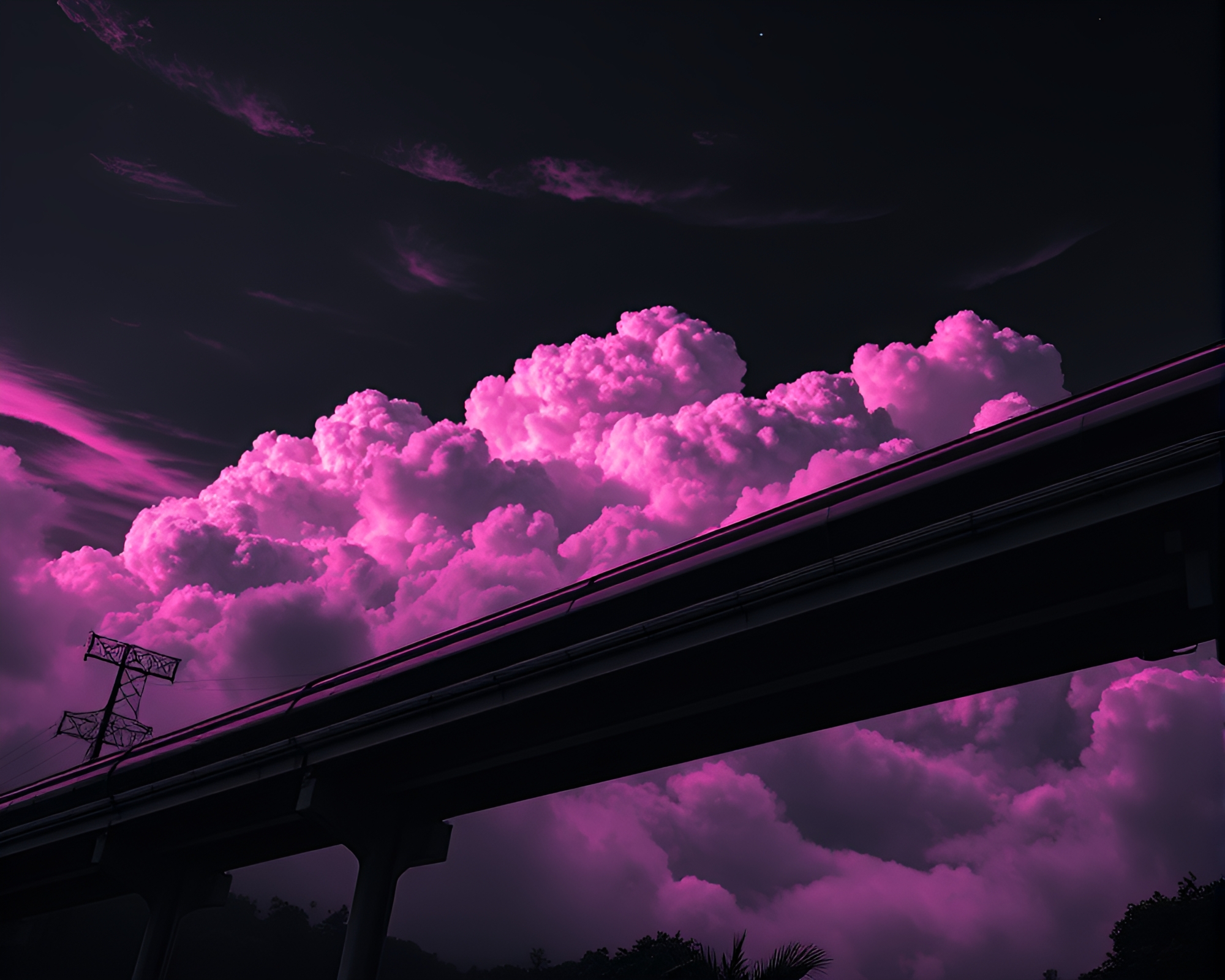 Synthwave Monorail Gliding through Charcoal Cloud Formations – free AI stock image