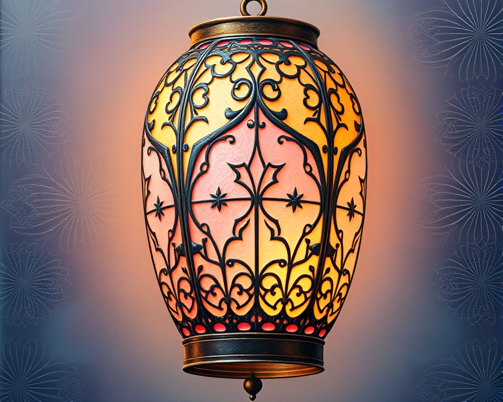 Detailed trompe-l'oeil oil lantern surrounded by pastel patterns