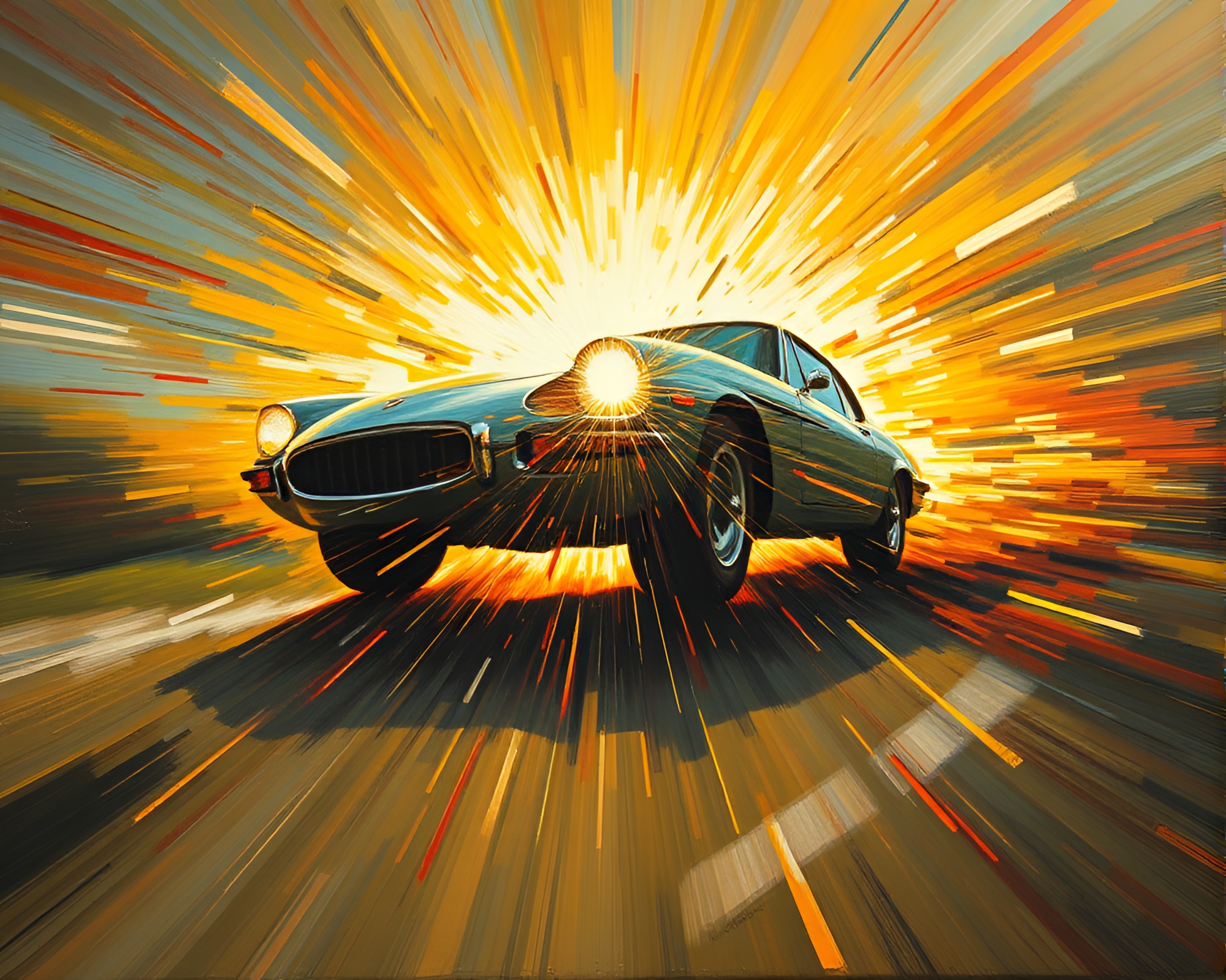 Flying car zoom burst with lens flares – free AI stock image