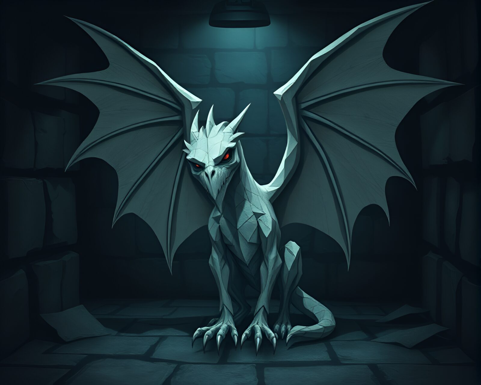 Eerie ambient-lit scene of a gryphon among paper shreds