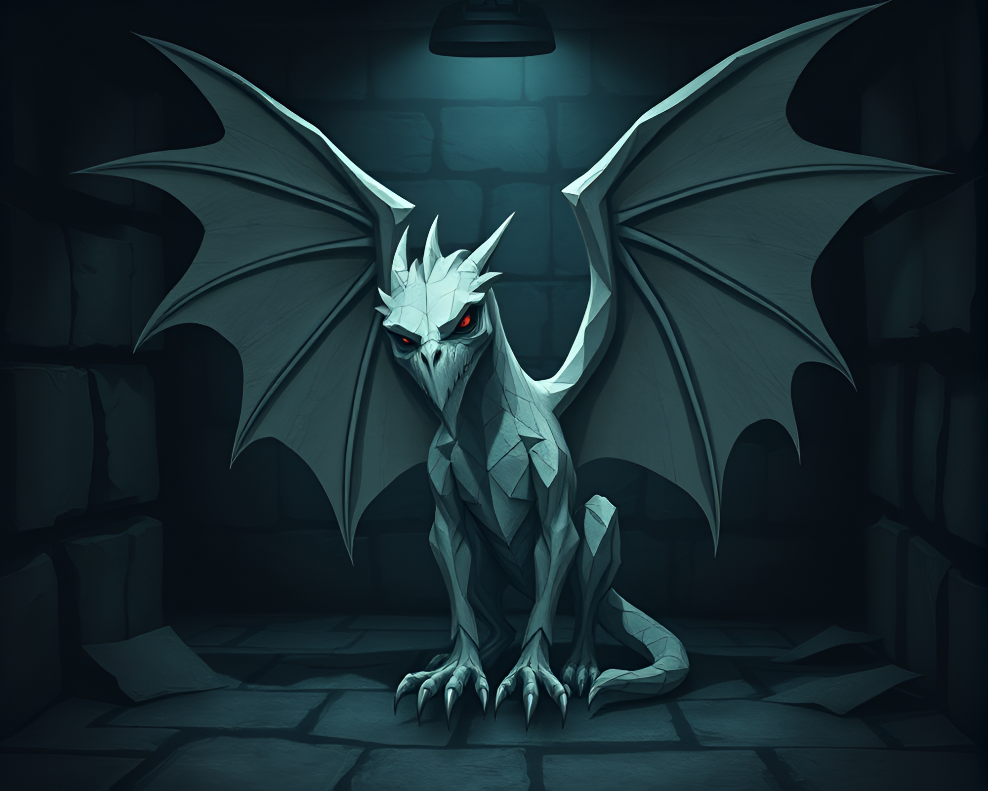 Gryphon in Dark Basement with Torn Paper – free AI stock image