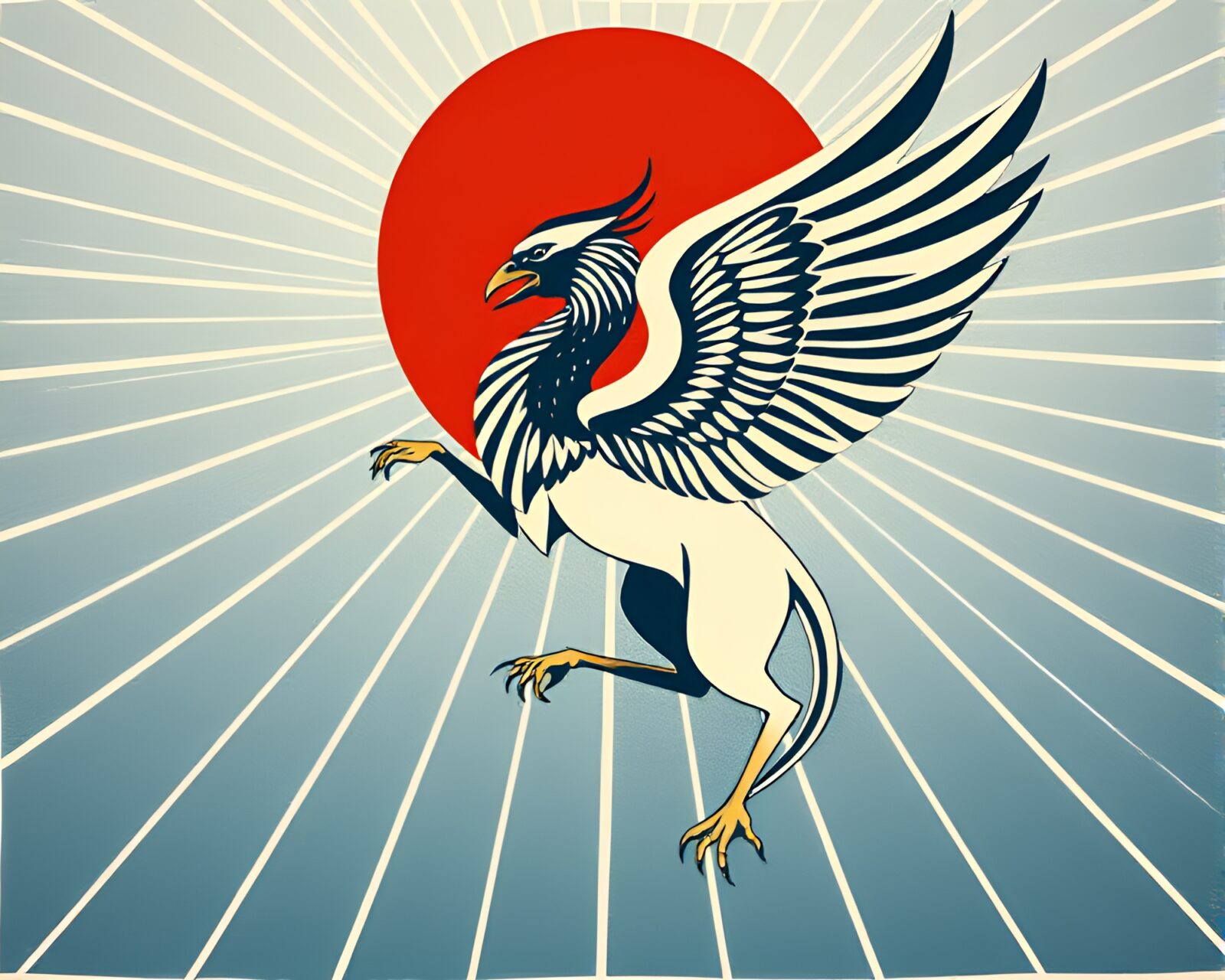 Minimalist woodcut print of a vibrant Gryphon soaring