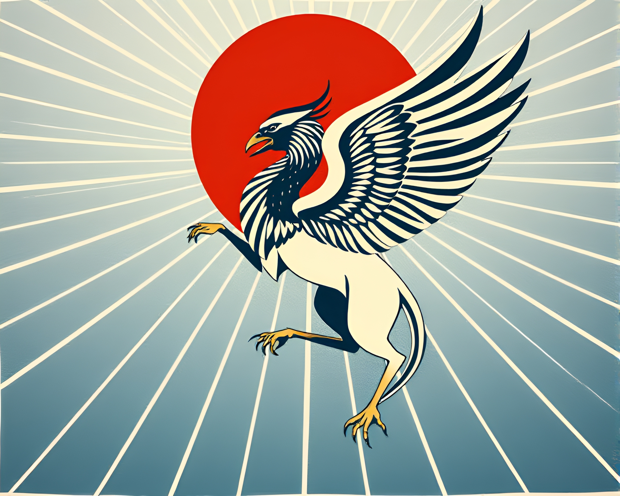 Majestic Gryphon in Starburst Woodcut Print – free AI stock image