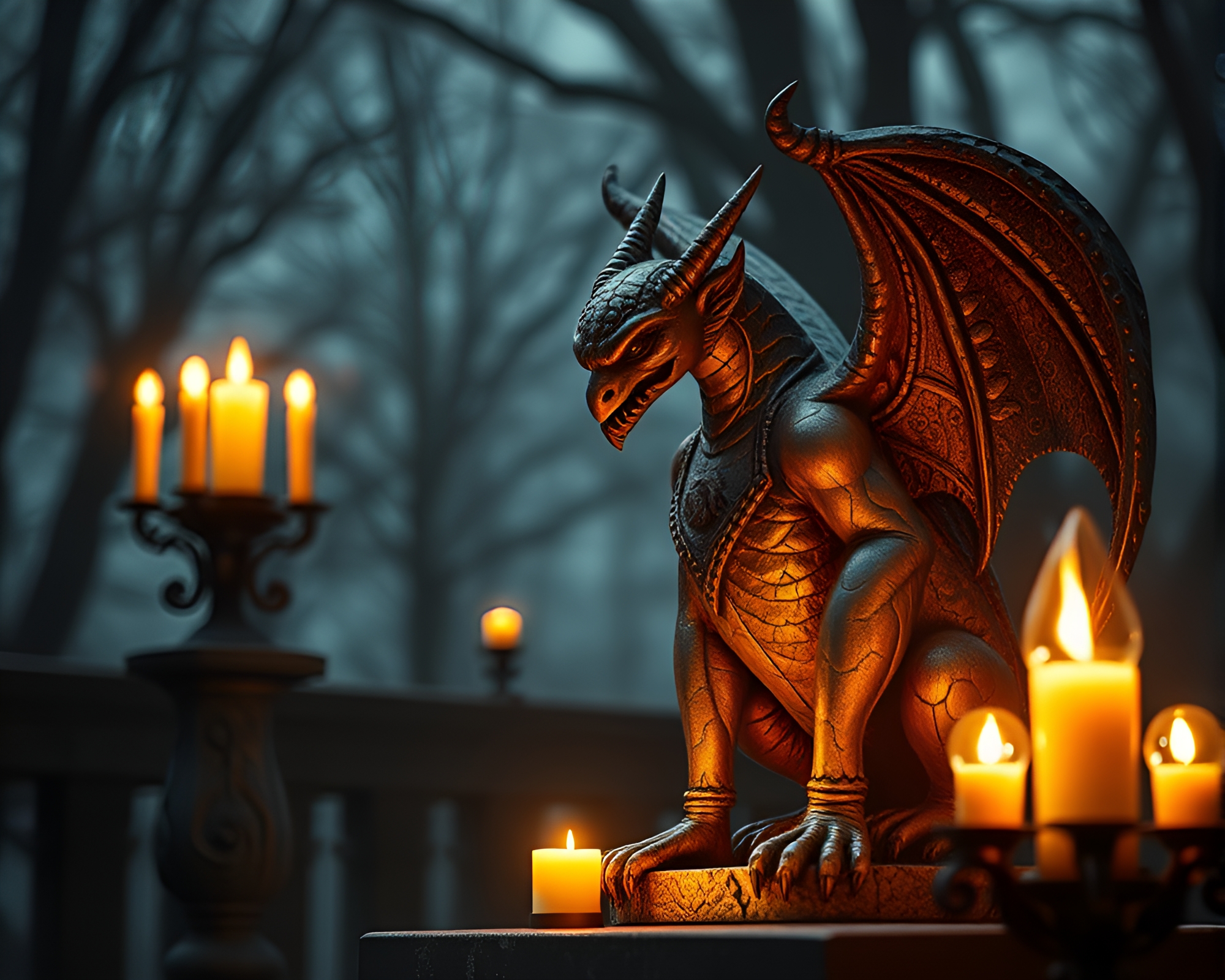 Gargoyle Statue in Candlelit Mystique – free AI stock image