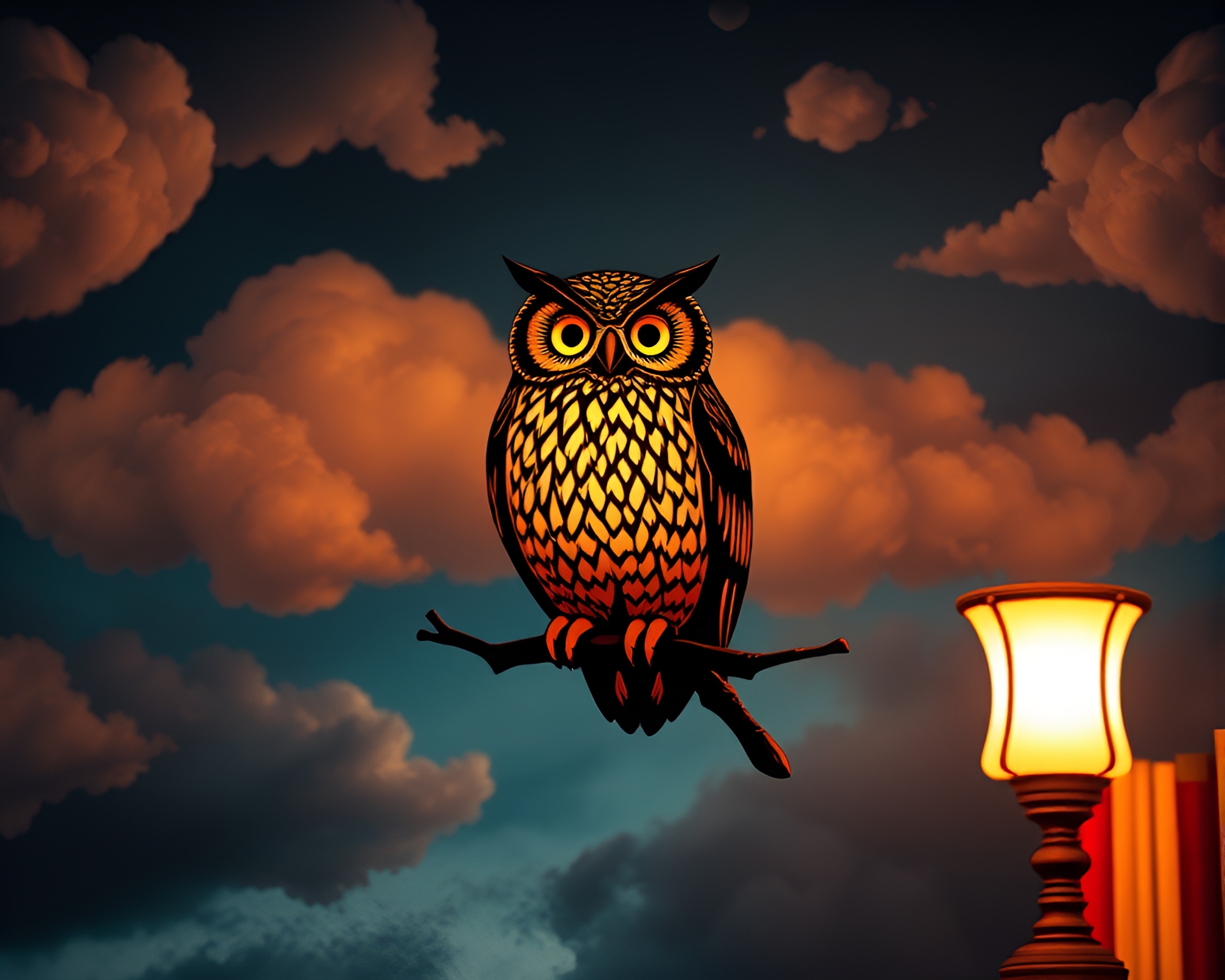 Ethereal Owl in Library Lamp Light Cloudscape – free AI stock image