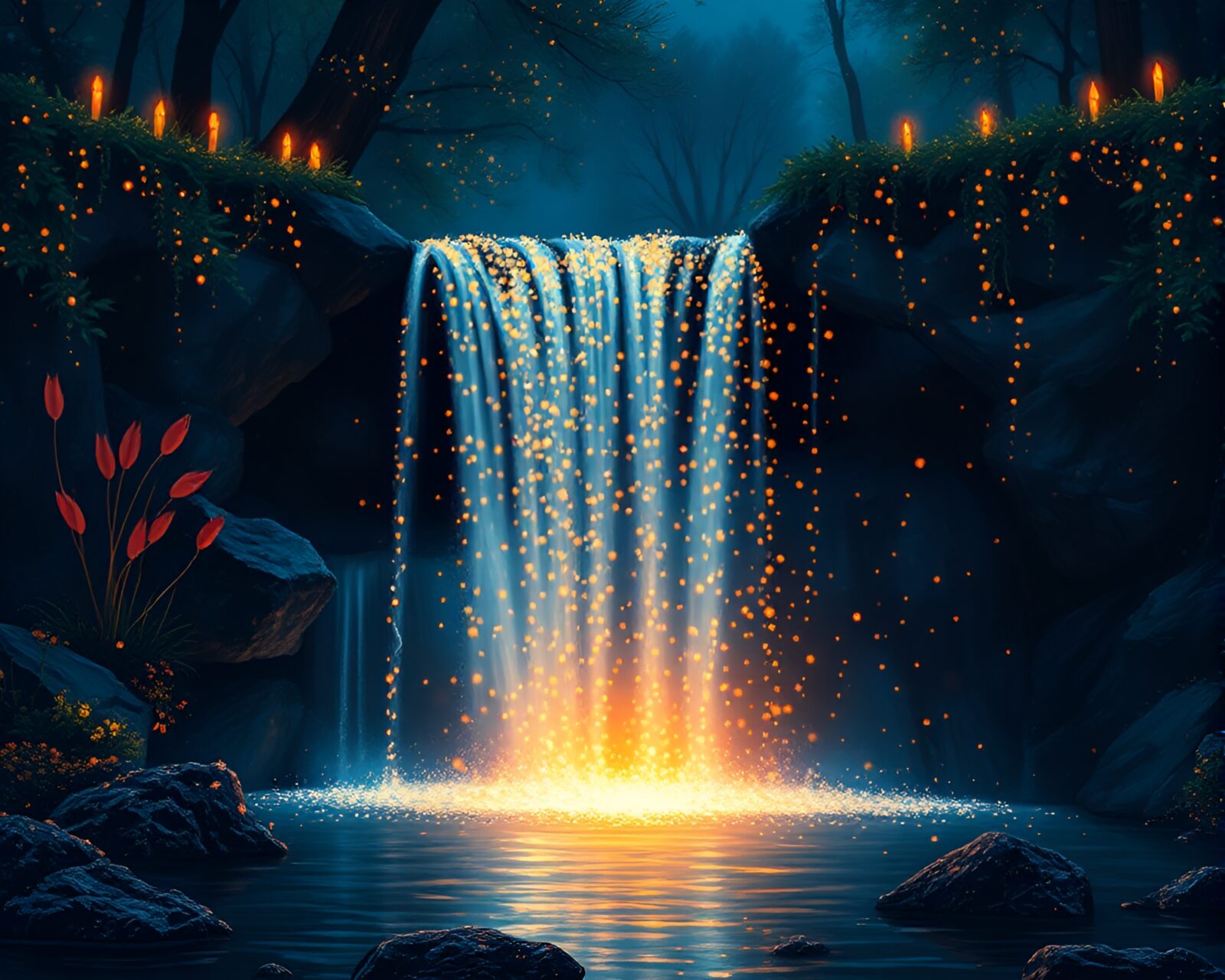 Kinetic pointillist dots depicting candlelit waterfall in motion