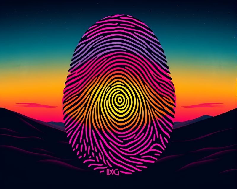 Vaporwave Sunset with Swirling Fingerprint Tattoo Flash Art – free AI stock image