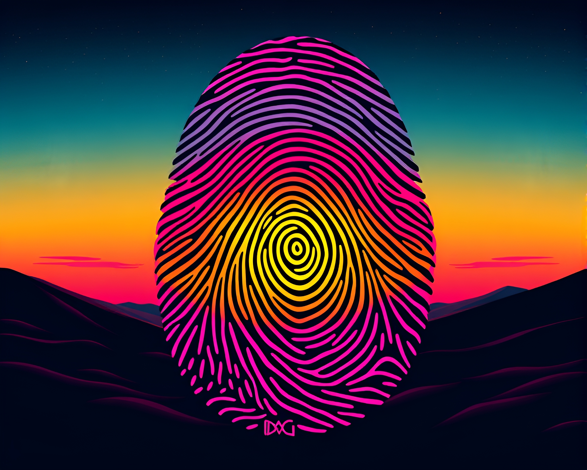 Vaporwave Sunset with Swirling Fingerprint Tattoo Flash Art – free AI stock image