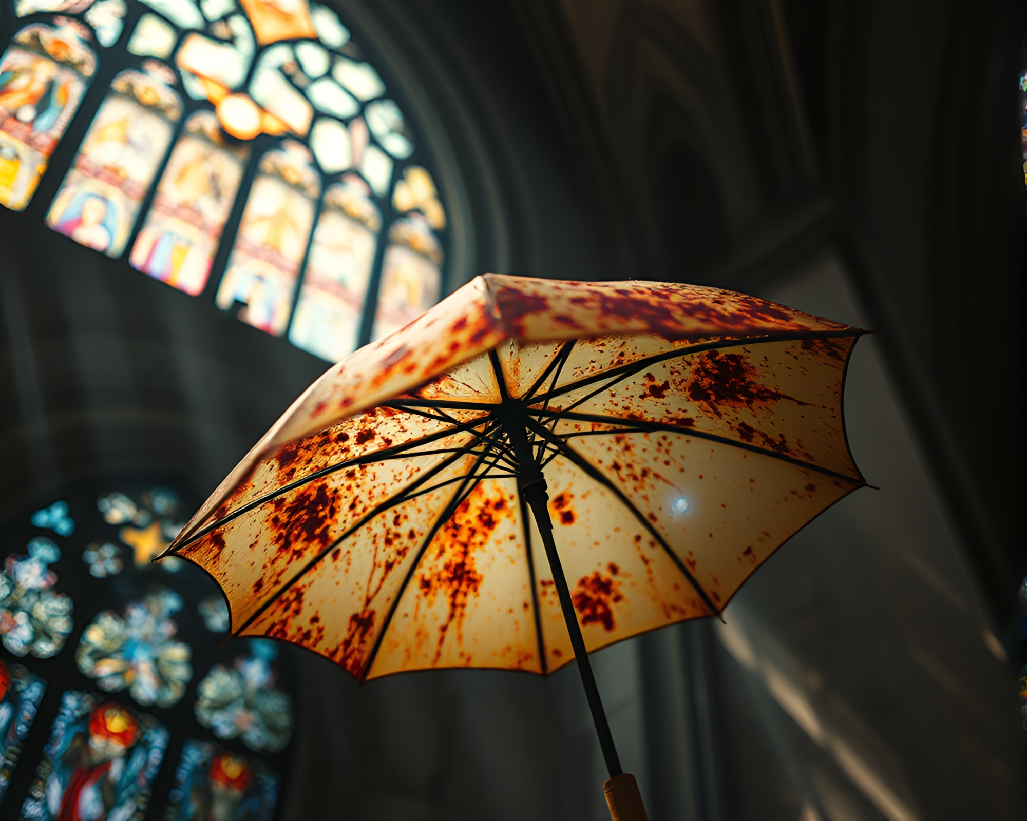 Rust Patina Umbrella in Stained Light Cathedral – free AI stock image