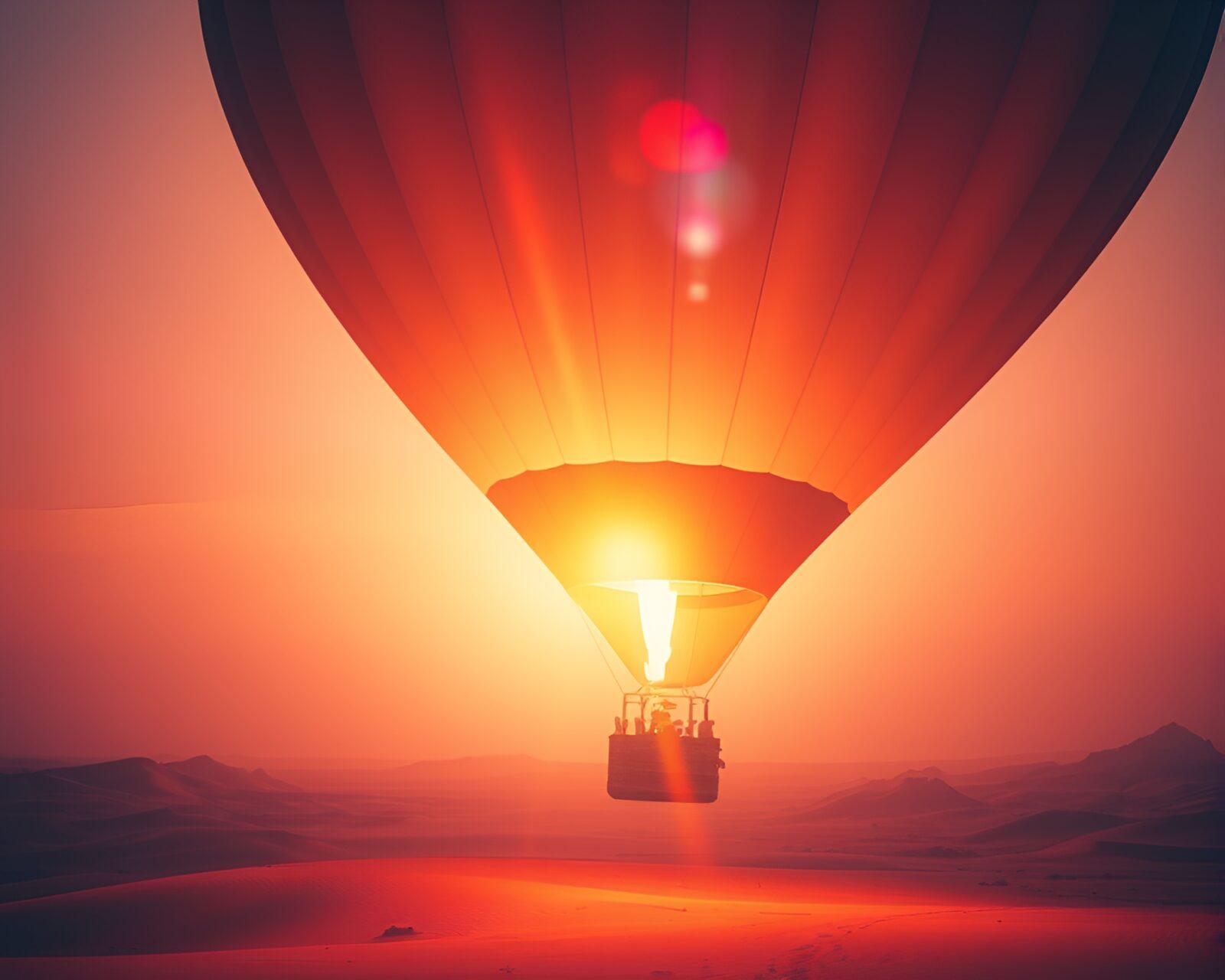 Gorgeous desert scene with vibrant ultraviolet hot air balloon floating amidst lens flare