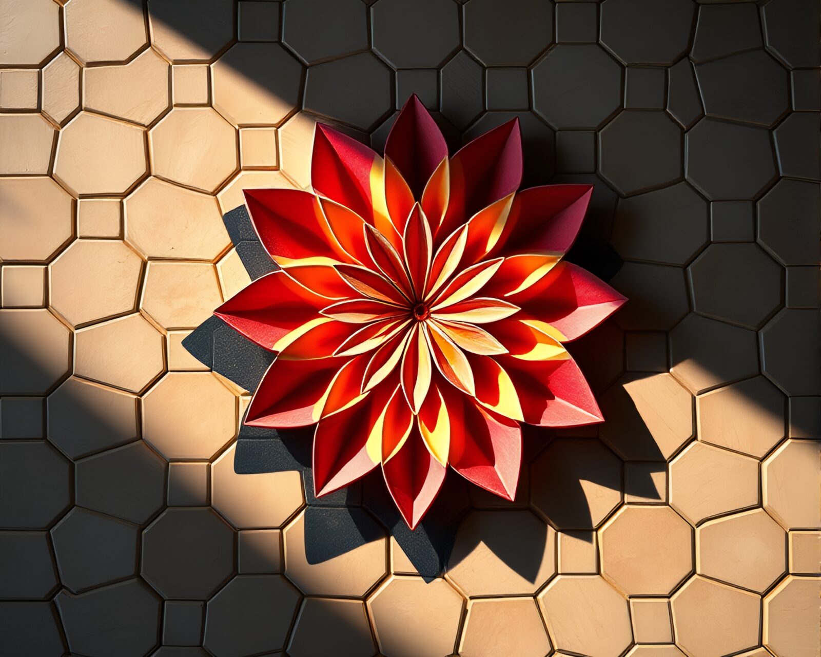 Hexagonal tiling forming origami flower under eclipse shadow