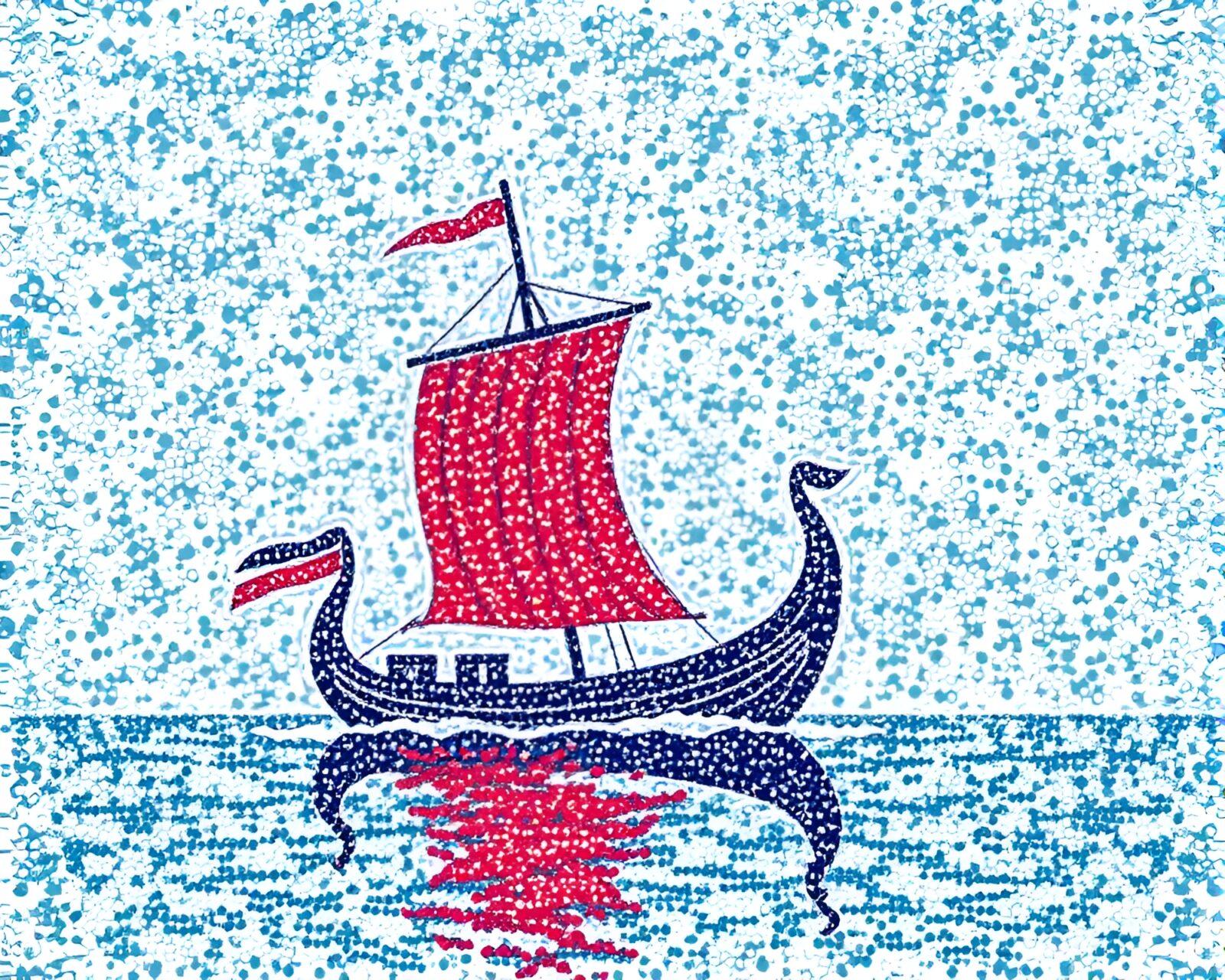 A dot-filled Viking longship on a colorful stipple sea