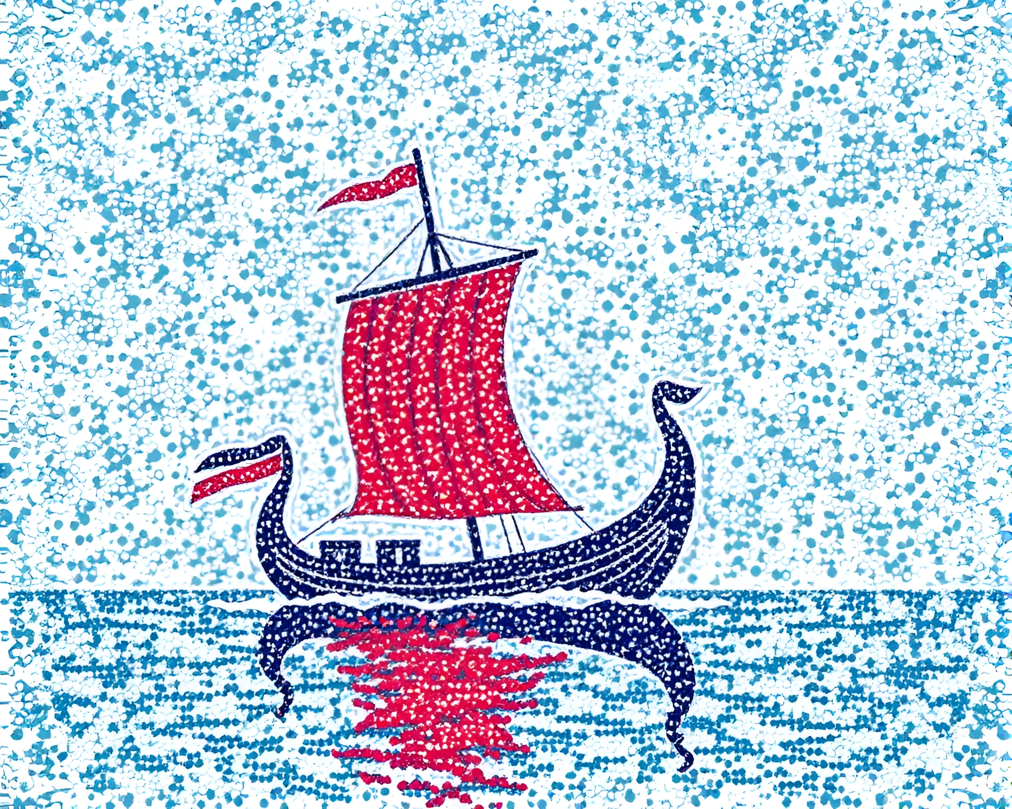 Viking Longship Sailing in Pointillist Ocean – free AI stock image