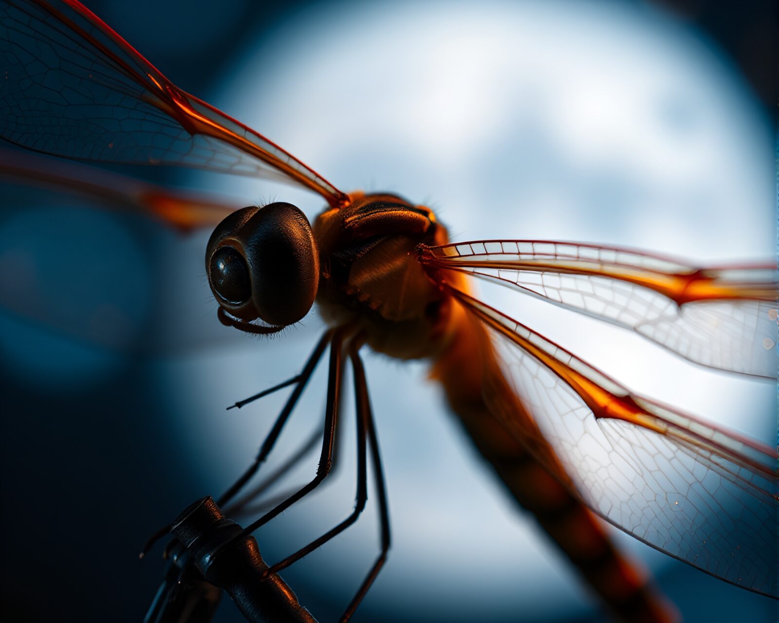 Glowing cybernetic dragonfly at night with intricate details