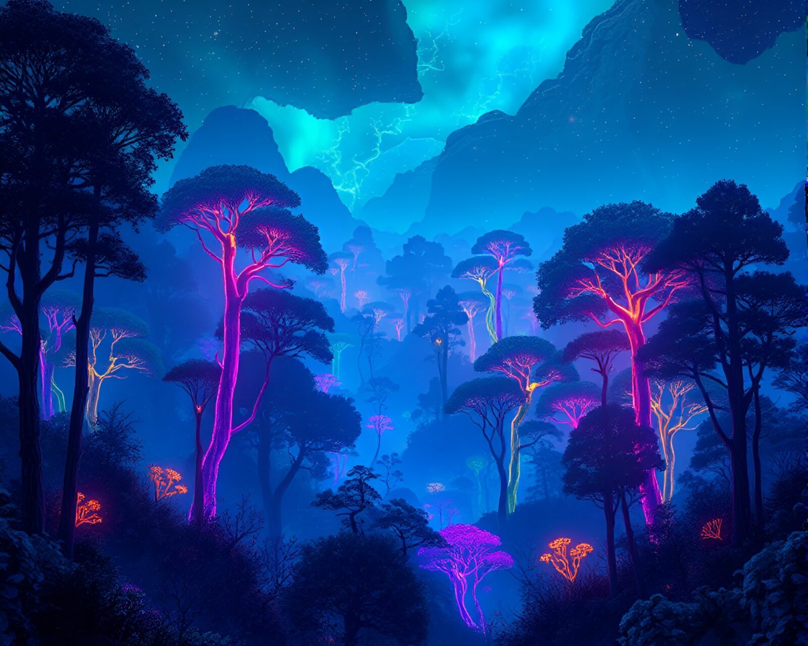 Ethereal neon-lit forest with futuristic cityscape backdrop at night