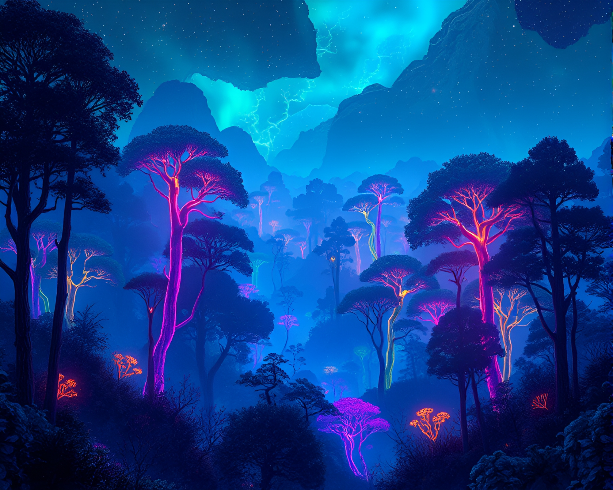 Bioluminescent Cyberpunk Forest Panorama – free AI stock image