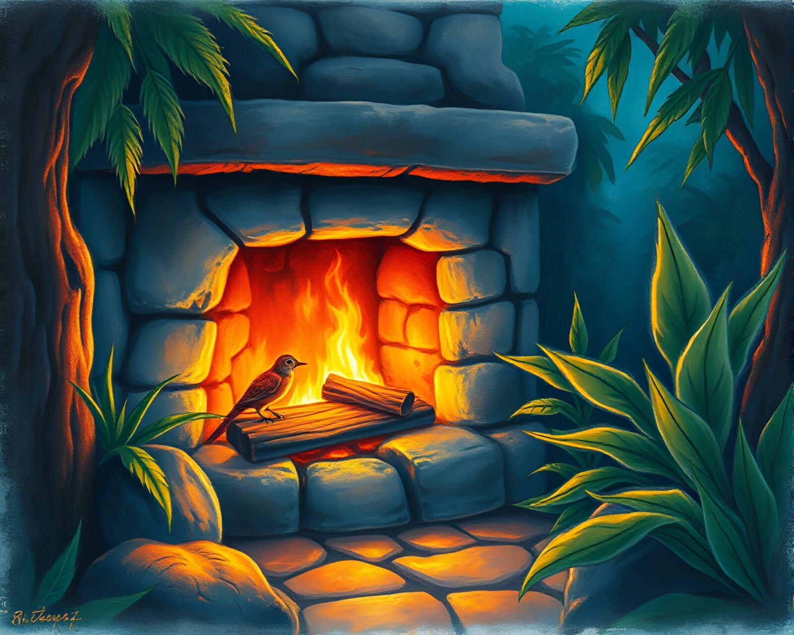Up-close pastel drawing of jungle creatures cozying by fire