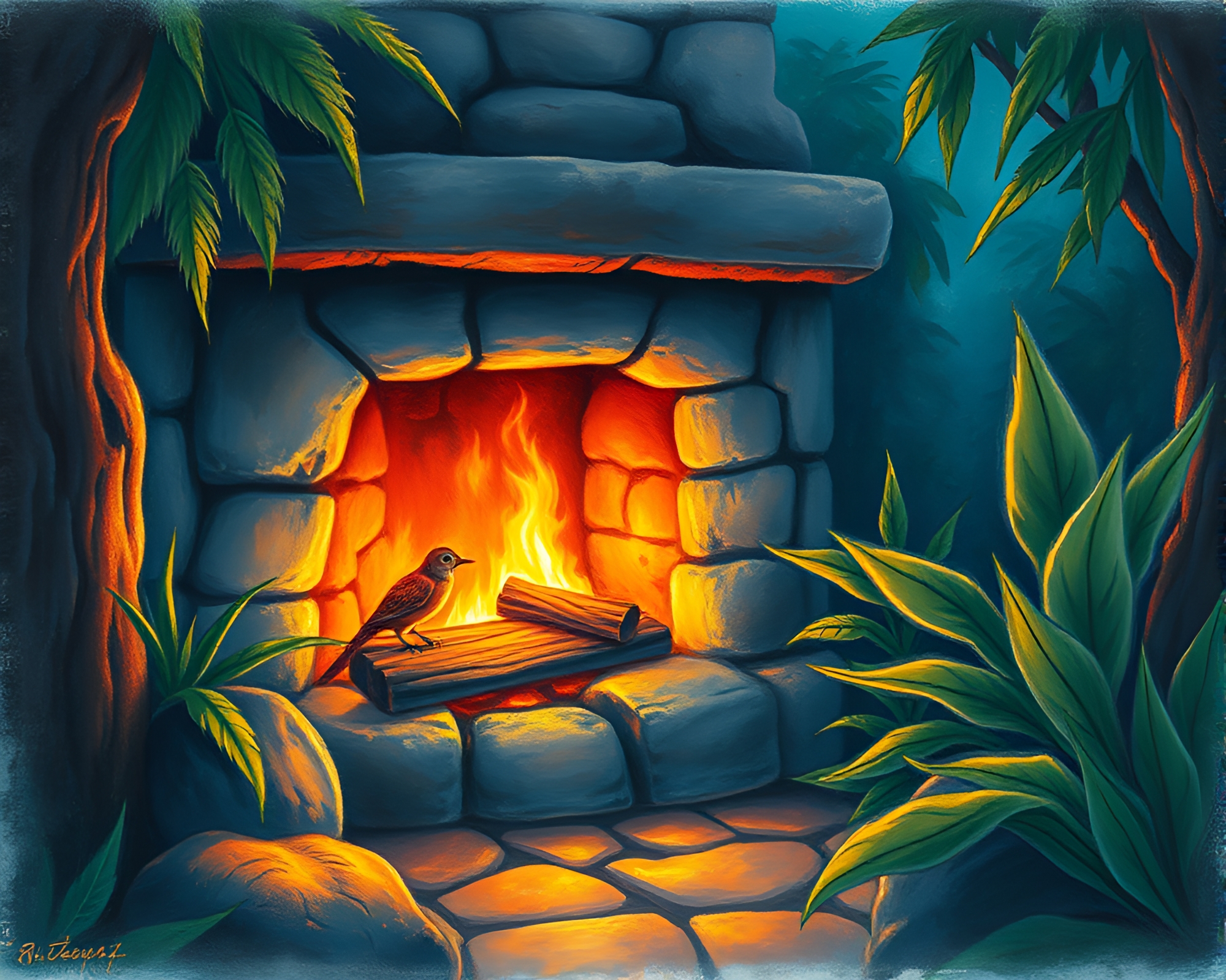 Intimate Jungle Snuggle by the Fireplace – free AI stock image